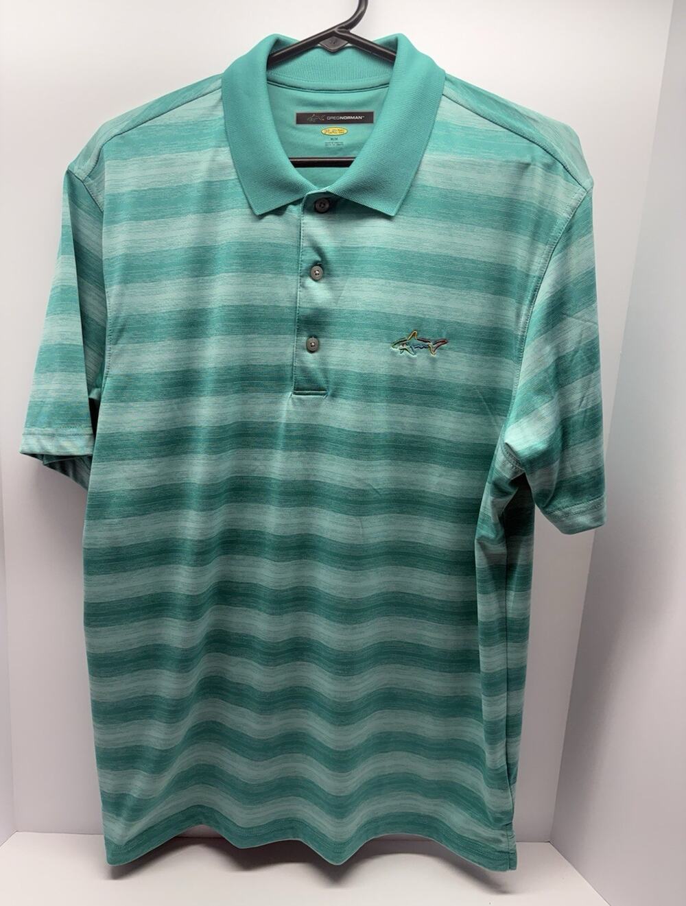 Greg Norman Play Dry Men’s Medium Teal Striped Golf Polo Shark Logo